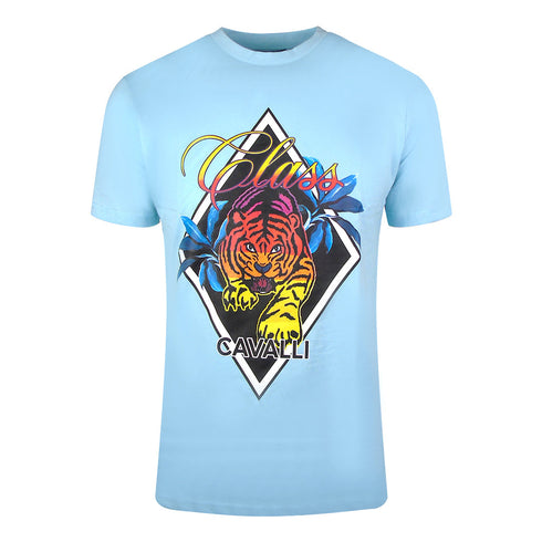 Cavalli Class Diamond Tiger Design Light Blue T Shirt Sxt60H Jd060 05048